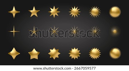 Gold Star icon set. Holiday stars art. Art Deco modern design. Geometric Christmas elements. Vector illustration. EPS 10.