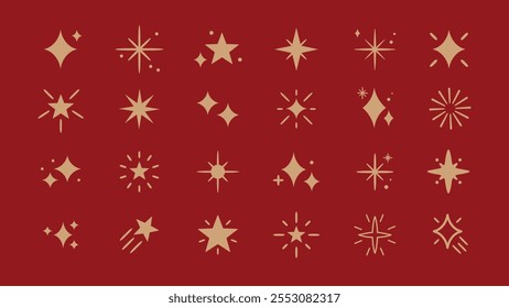 Ícones dourados em um fundo vermelho. Várias formas de estrelas e tamanhos. Estrelas decorativas para design. Padrões de estrelas para temas festivos. Ícones de estrela em ouro. Conjunto de elementos festivos. Vetores.