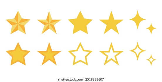 Gold star illustration set. Award symbol. Christmas decoration. Simple star icon.
 Flat style.