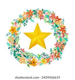 Gold star inside wreath of flowers isolated on white background, vector