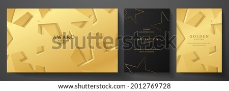 Gold star invitation, cover design set. Luxury starry pattern on black background. Premium horizontal, vertical vector template for holiday invitation, golden ticket, birthday party, gift certificate