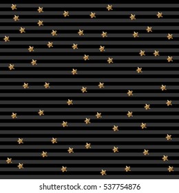 Gold star isolated on stripped background. Confetti celebration, Falling golden abstract decoration for party, birthday celebrate, anniversary or event, festive. Festival decor. Vector illustration