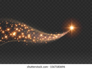 Gold star isolated on transparent background. Light glow effect sparkles wave. Vector golden star with glitter and sparkling comet tail.
