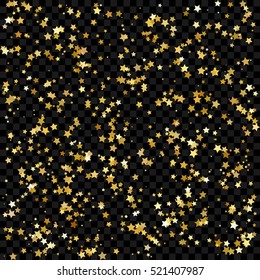 Gold star isolated on transparent background. Confetti celebration, Falling golden abstract decoration for party, birthday celebrate, anniversary or event, festive. Festival decor. Vector illustration