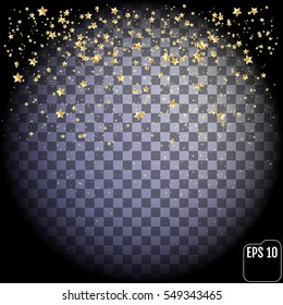 Gold star isolated on transparent background. Confetti celebration, Falling golden abstract decoration for party, birthday celebrate, anniversary or event, festive. Festival decor. Vector illustration