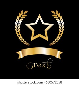 Gold star, laurel wreath and ribbon on a black background.