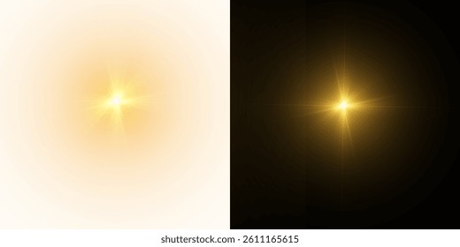 Gold star light, sparkle. Yellow light effect. Shining light with yellow gold color. Png spotlight spark.Vector transparent sunlight special lens flare light effect.