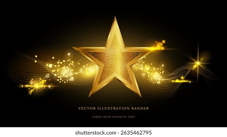 Gold star. Light sparks. Glow on black background. Luxury stage shape. 3D poster glitter. Premium sparkle show. Award ceremony. Overlay golden shiny effect. First place reward. Vector victory banner