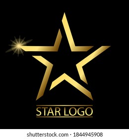 Vector con logotipo Gold Star en estilo elegante con fondo negro. Estrella dorada recortada con efecto luminoso brillante.