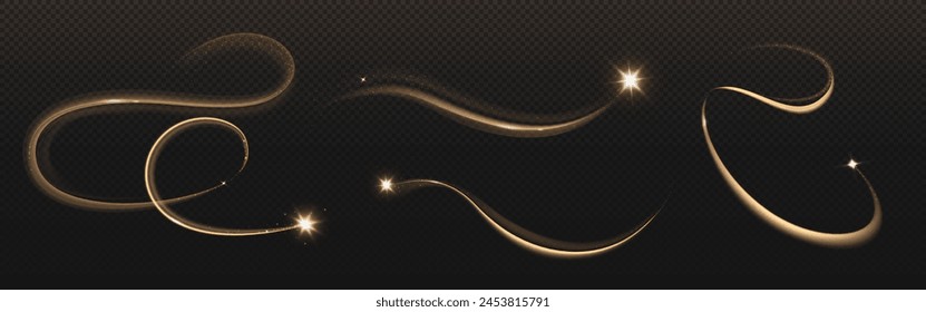 Gold star with magic curve trail on transparent background. Realistic vector illustration set of bright glowing twinkle with flare tail and sparkles. Motion of falling and shooting fairy meteor.