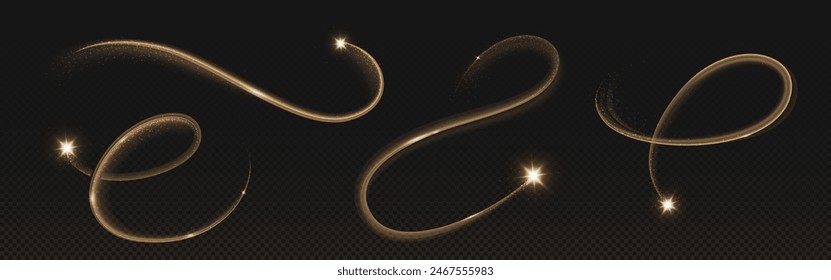 Gold star with magic curve trail on transparent background. Realistic vector illustration set of bright glowing twinkle with flare tail and sparkles. Motion of falling and shooting fairy meteor.