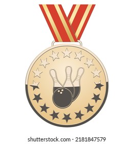 gold star medal with bowling accessories on a white background