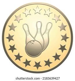 gold star medal with bowling accessories on a white background