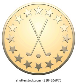 Gold star medal with clubs and golf ball on a white background