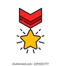 Gold star medal icon, special reward or benefits of customer loyalty incentive program. Vector exclusive bonus points, VIP client prize, gift or award color line symbol with golden medal and ribbon