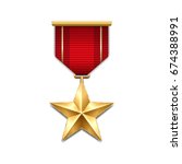 Gold star medal with red ribbon. Metallic winner award. Vector illustration.