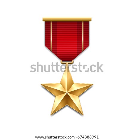 Gold star medal with red ribbon. Metallic winner award. Vector illustration.