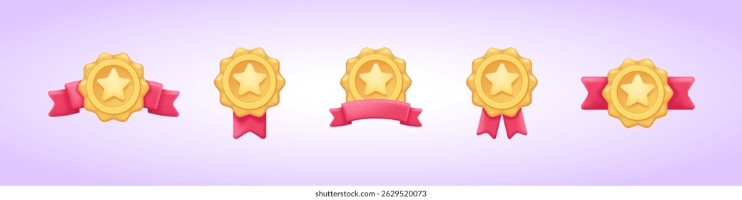 Gold star medal with ribbon. 3d cartoon award icon for winner achievement and certificate vector illustration collection. Set of vector icons.