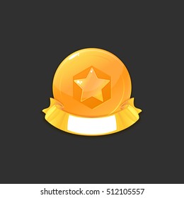 Gold Star Medal and ribbon Isolated on black. Icon design for app, interface, playing card, ui, game, banner. Appraisement. Cartoon Vector illustration