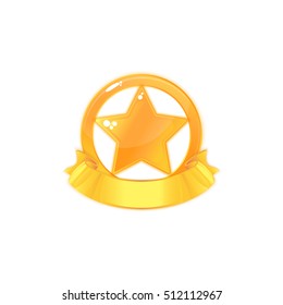 Gold Star Medal and ribbon Isolated on white. Icon design for app, interface, playing card, ui, game, banner. Appraisement. Cartoon Vector illustration