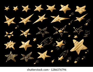 Gold star with metal gradient on black background for holiday design. Hand drawn golden stars icon collection