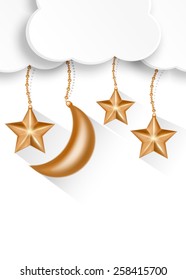Gold star and moon isolated in white background. Vector EPS10.
