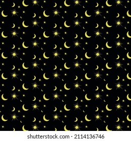 Gold star and moon simple seamless vector pattern on a black background
