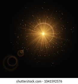 Gold star on a black background with bright sparks for the Christmas design of the congratulations. Vector illustration with flaming light effect