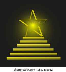 Gold star on a black backlit background. Super. Success star. Career growth. Ladder of success. Golden starfall. Star Trek. Logo. Place for your text. Prize. Celebrity Award. Vector.