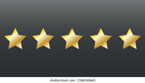 Gold star on black. Five  realistic gold metal icons with bright light effect. The concept of rating and evaluation of a product or service