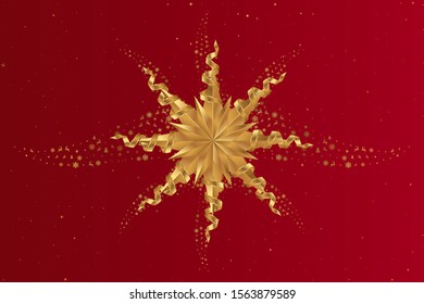 Gold star on a red Christmas background with a wavy pattern with deers and snowflakes.. Flat vector illustration EPS10