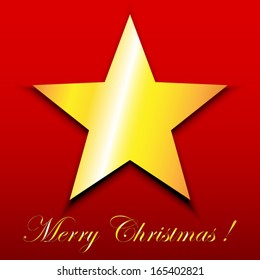 Gold star on red Merry Christmas greeting card