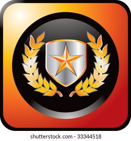 estrella dorada en el escudo con hojas en botón de la web naranja