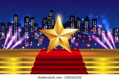 gold star on the gold stage with colorful light in city background