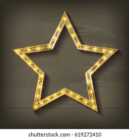 Gold star on wooden background. Vector illustration in vintage style.