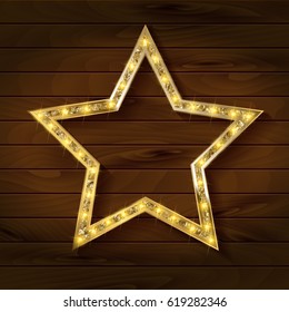 Gold star on wooden background. Vector illustration in vintage style.