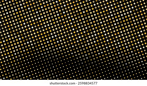 Gold star pattern on a black background, fading from large to small stars in a diagonal direction. Abstract background,