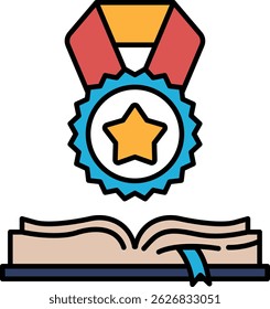 A gold star is placed on top of a blue and white ribbon, which is resting on top of a book. The ribbon and star are both shiny and eye-catching, and the book is open to a page with a title