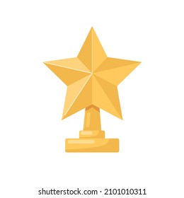 Gold star prize. Golden winners award. Pentacle on pedestal trophy. Gilded reward for first place achievement in contest. Colored flat vector illustration isolated on white background