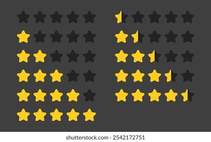 Gold star rating symbols vector collection. Ideal for app design, representing quality service and positive consumer feedback. Yellow five-star rank on black background.