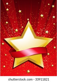 Gold star with red banner on a red starburst background with glitter