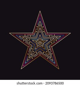 Gold star. With red and blue lines. Christmas decoration on a dark background.