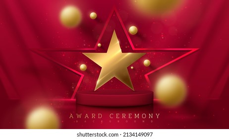 Gold star with red podium element and blurred ball decoration and glitter light effect with bokeh.