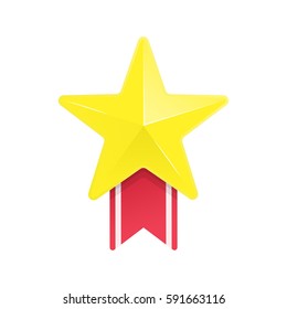 Gold star with red ribbon. Vector icon of golden medal, award. Illustration in flat style. EPS 10. 