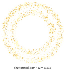 Gold star round border, sparkles glitter vector ring isolated on white background. Stardust firework. Cosmic graphic design with circle frame for text and golden night sky objects. Shining starlight.