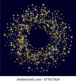 Gold star round border, sparkles glitter vector ring isolated on white background. Stardust firework. Cosmic graphic design with circle frame for text and golden night stars objects. Shining starlight