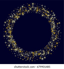 Gold star round border, sparkles glitter vector ring isolated on white background. Stardust firework. Cosmic graphic design with circle frame for text and golden night stars objects. Shining starlight