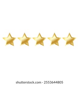 Gold star row. Five star rating. Gradient metallic texture. Vector illustration.