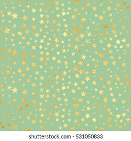 Gold star seamless pattern. Abstract black modern seamless pattern with gold confetti stars. Vector illustration. Shiny background. Texture of gold foil.
