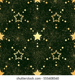 Gold star seamless pattern. Abstract green modern seamless pattern with gold confetti stars. Shiny background. Texture of gold foil.